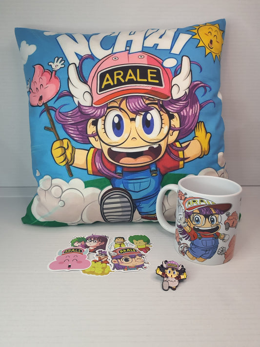 Pack Cojín Taza Pin y Stickers – Dibujos animados Retro Kawaii
