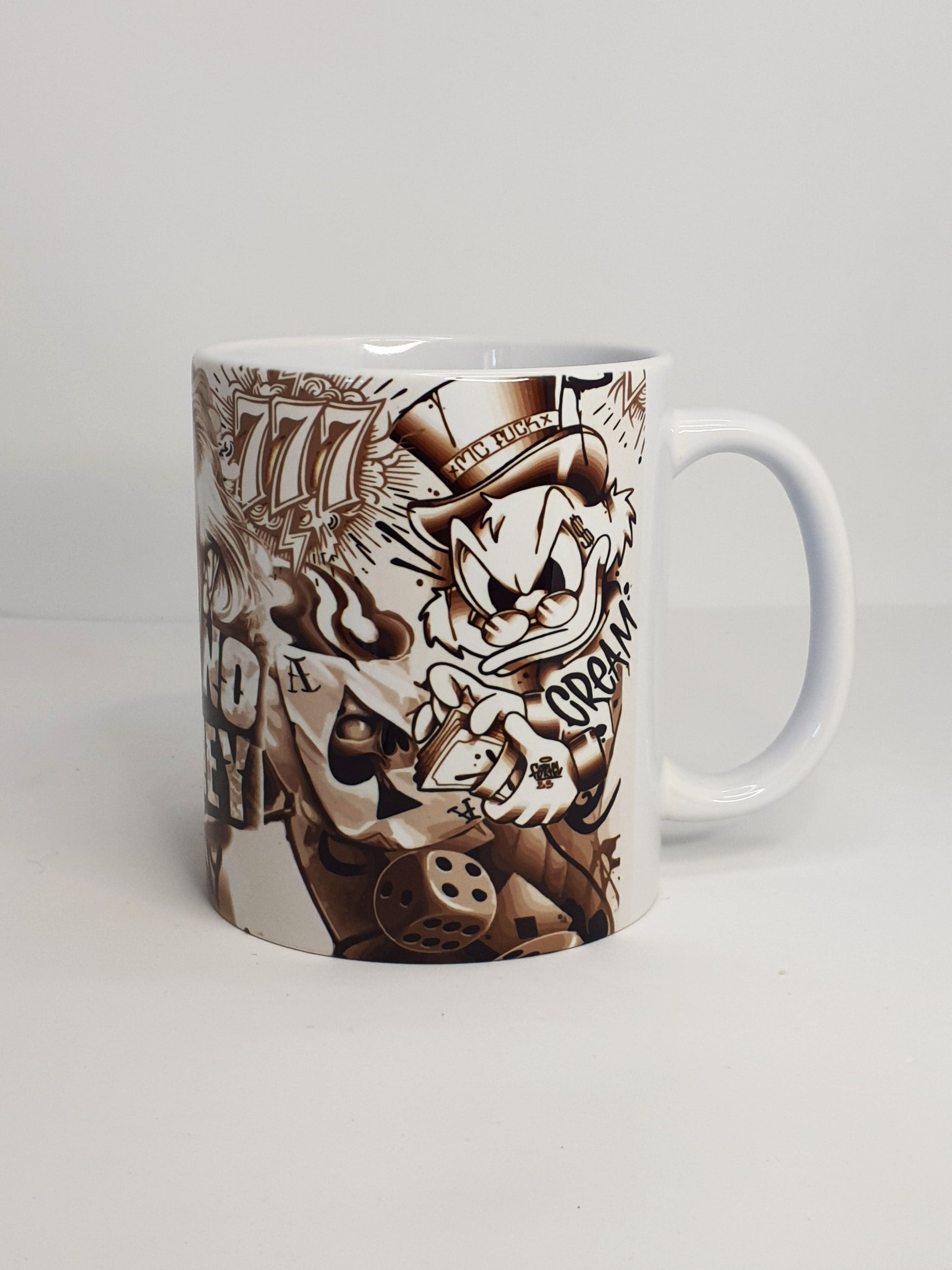 Taza Tattoo – Tio Gilito Ilustrado blanco & negro No Money- nomadasublime