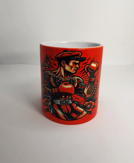 Taza con diseño de Boxeador Old school, estilo tradicional, colores fuertes y lineas gruesas, para destacar el estilo de la vieja escuela.