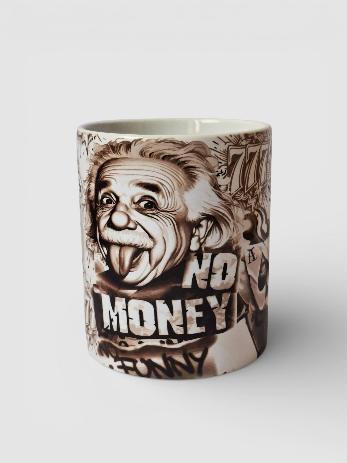 Taza Tattoo Einstein estilo chicano Ilustrado en blanco & negro. Ideal como regalo original. No Money No tattoo.