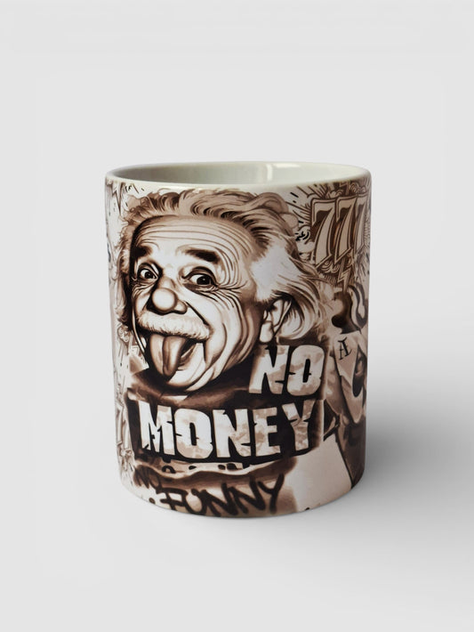 Taza Tattoo Einstein estilo chicano Ilustrado en blanco & negro. Ideal como regalo original. No Money No tattoo.
