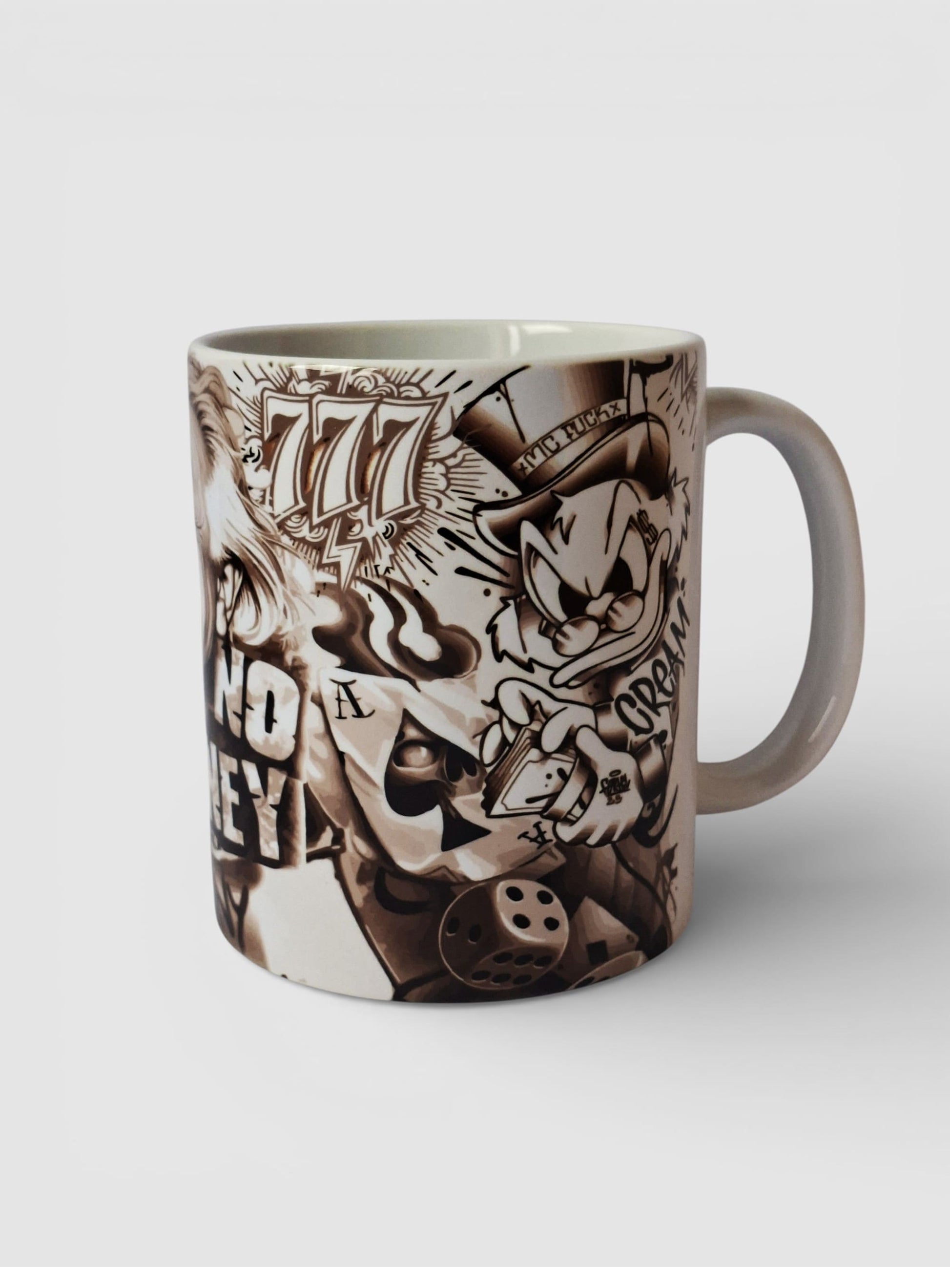 Taza original tatuaje alternativo - Tio Gilito Ilustrado en blanco & negro No Money, no tattoo. La cream.